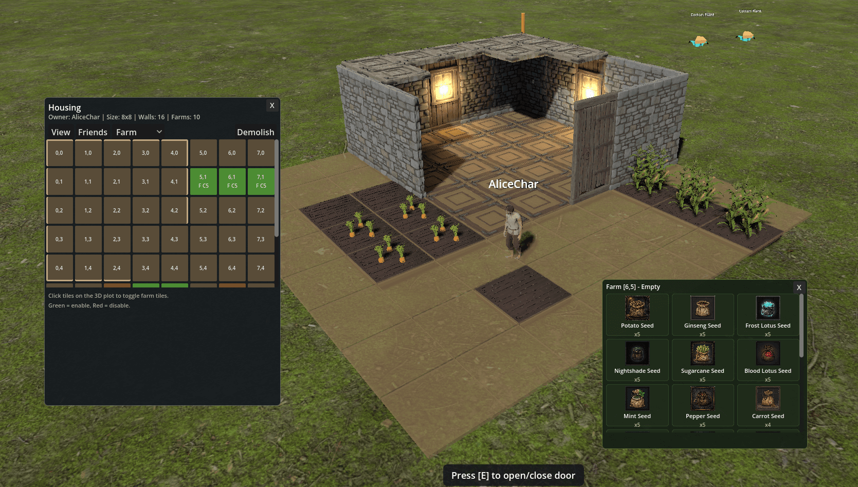 A Valevire housing lot with a finished building, farm tiles, and planted crops such as carrots and corn.