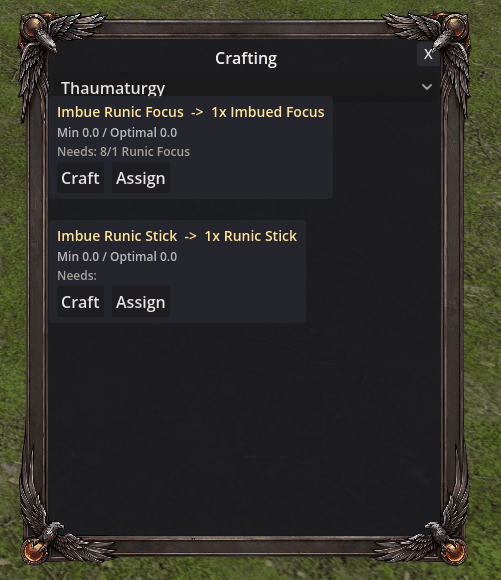 Thaumaturgy menu showing runic focus and runic stick crafting options.